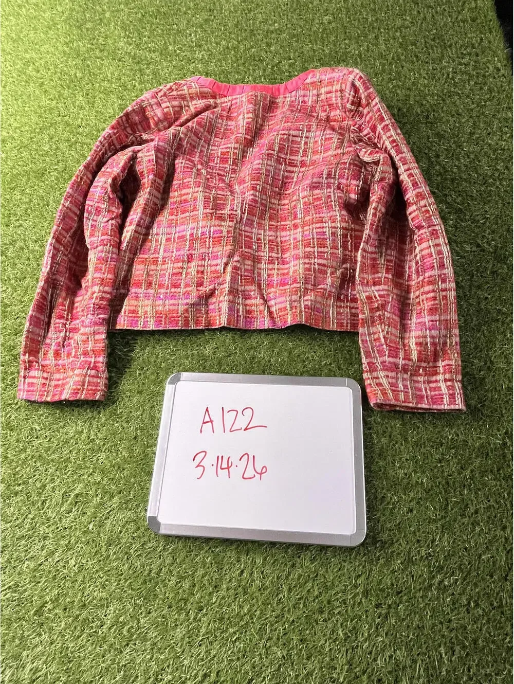 Pink and Orange Plaid Tweed Jacket‎ Chicos Medium Size 1